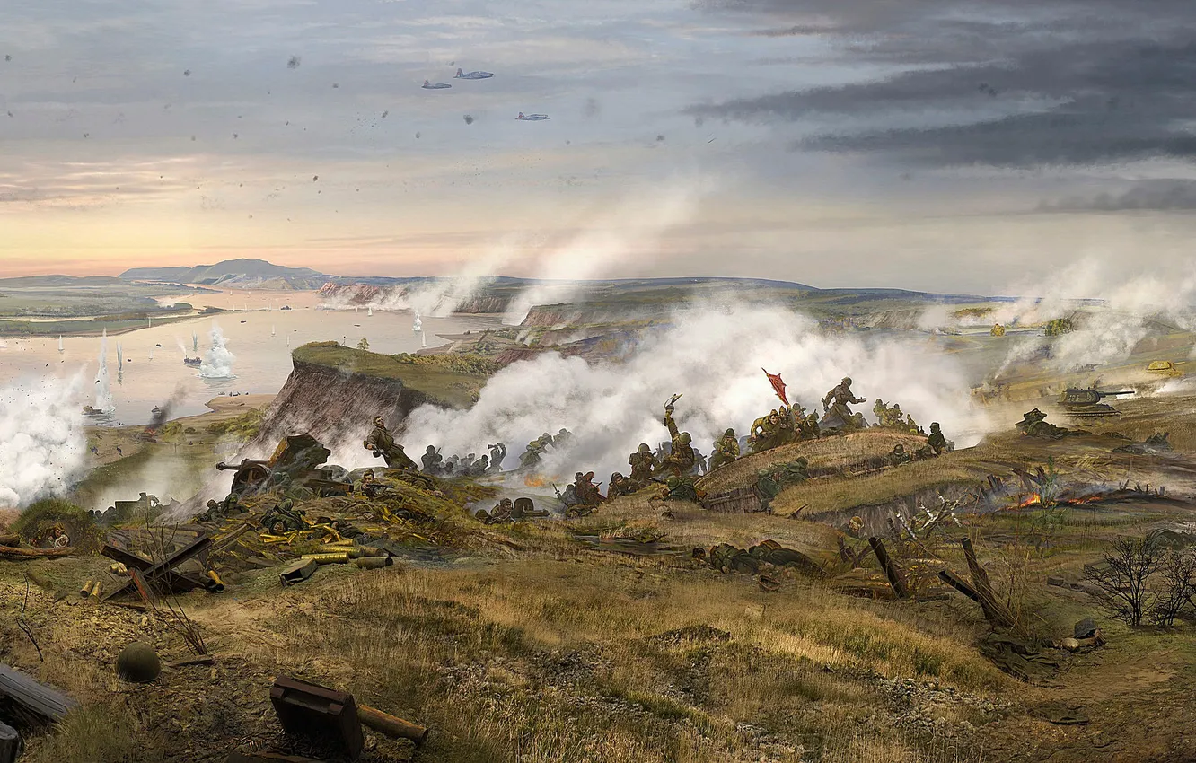 Photo wallpaper River, War, Battle, Picture, Soldiers, Russian, WWII, The Second World War