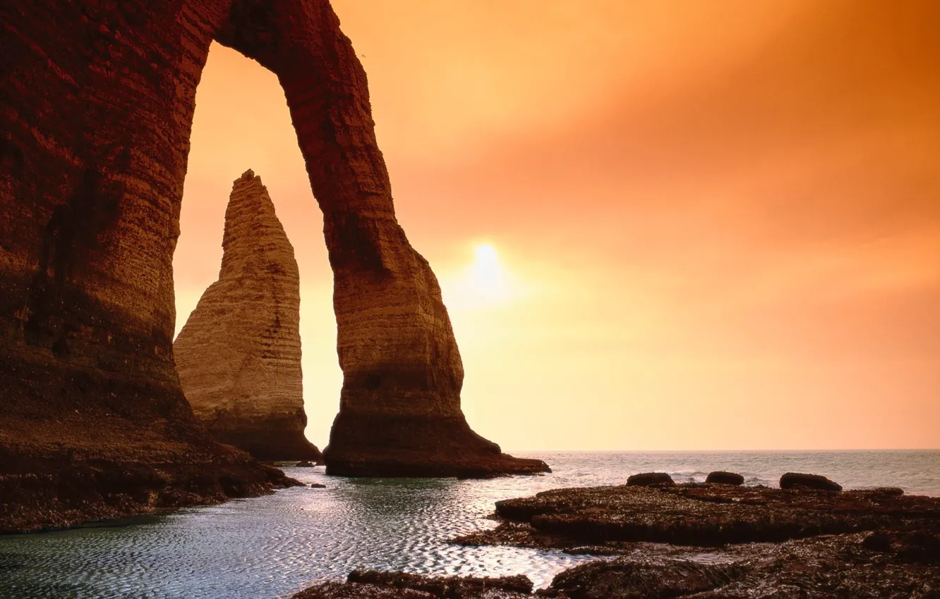 Photo wallpaper water, sunset, rocks