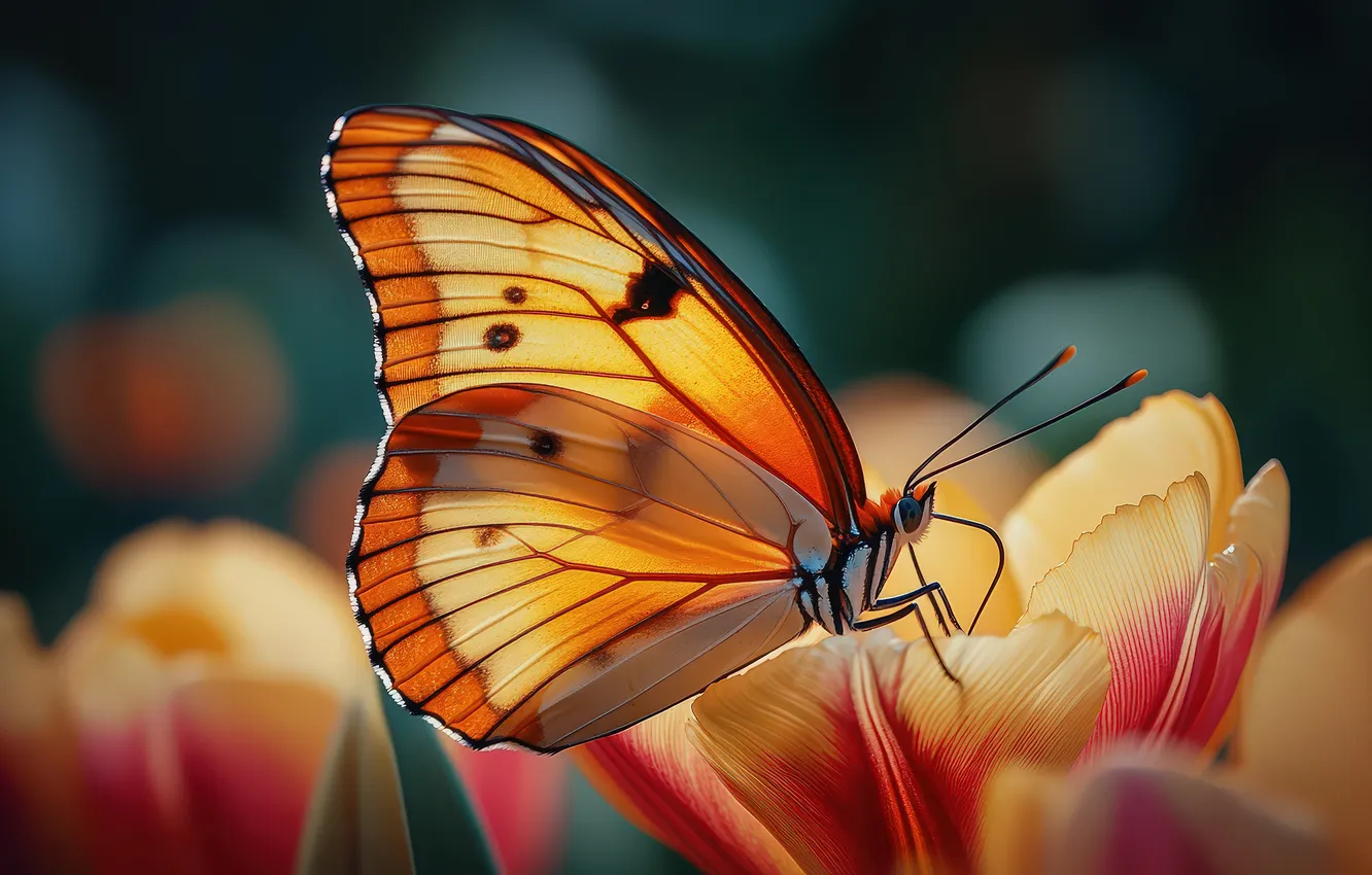 Photo wallpaper macro, flowers, orange, yellow, butterfly, spring, garden, tulips