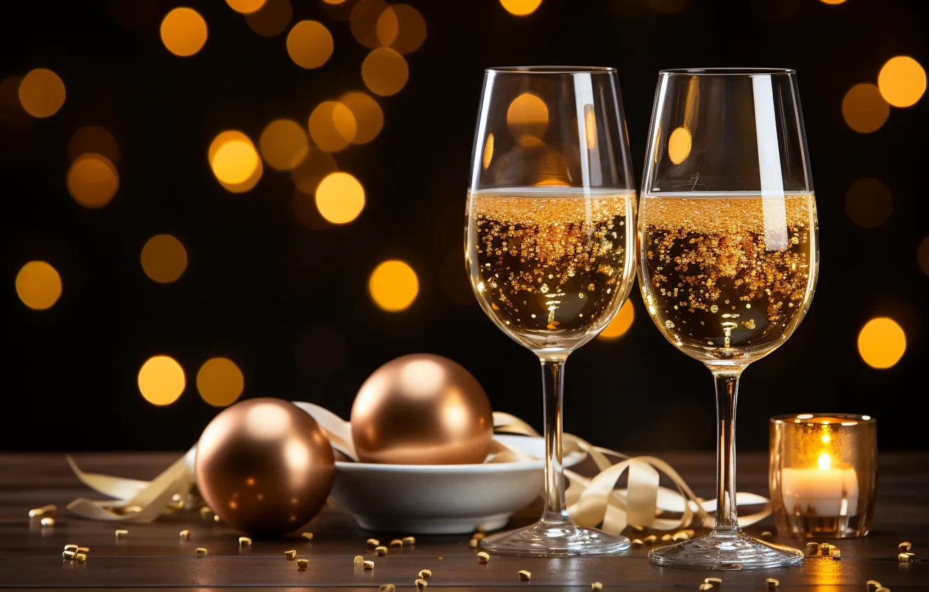 Photo wallpaper decoration, gold, balls, glass, new year, golden, champagne, Christmas