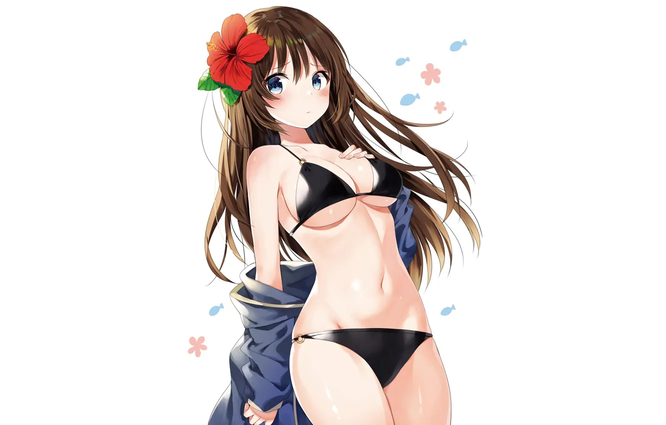 Photo wallpaper girl, sexy, cleavage, long hair, brown hair, boobs, anime, beautiful