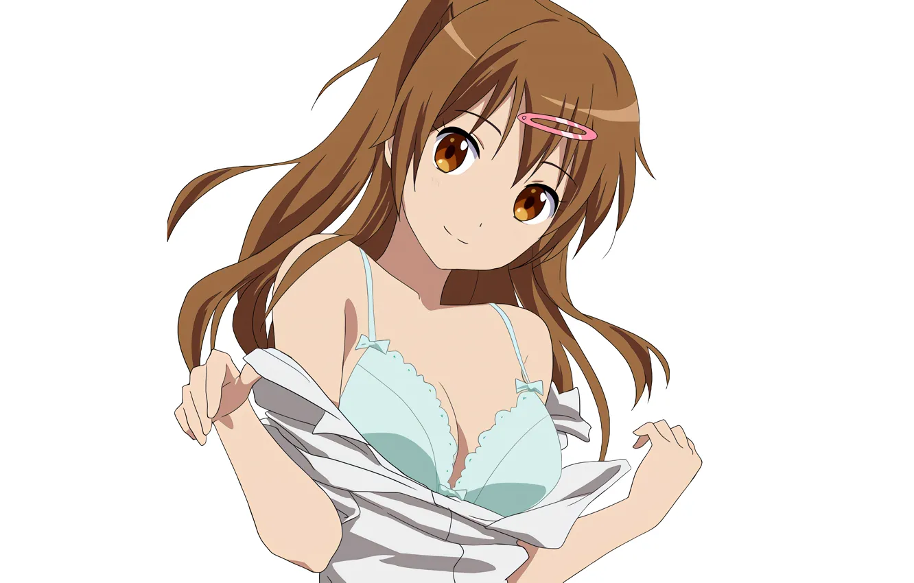 Photo wallpaper girl, sexy, lingerie, bra, cleavage, long hair, brown hair, boobs