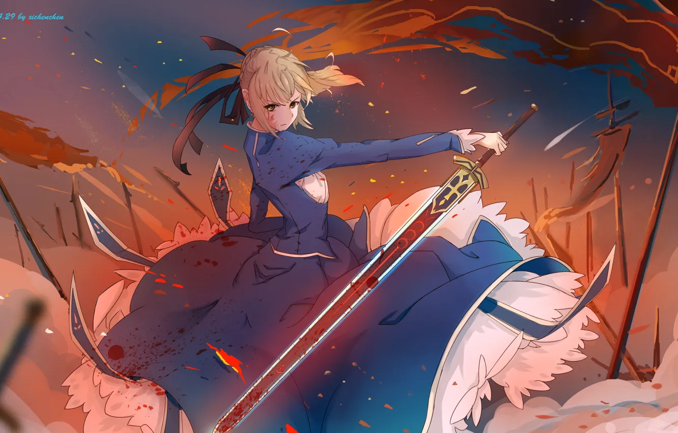 Photo wallpaper girl, weapons, blood, sword, anime, art, flags, saber