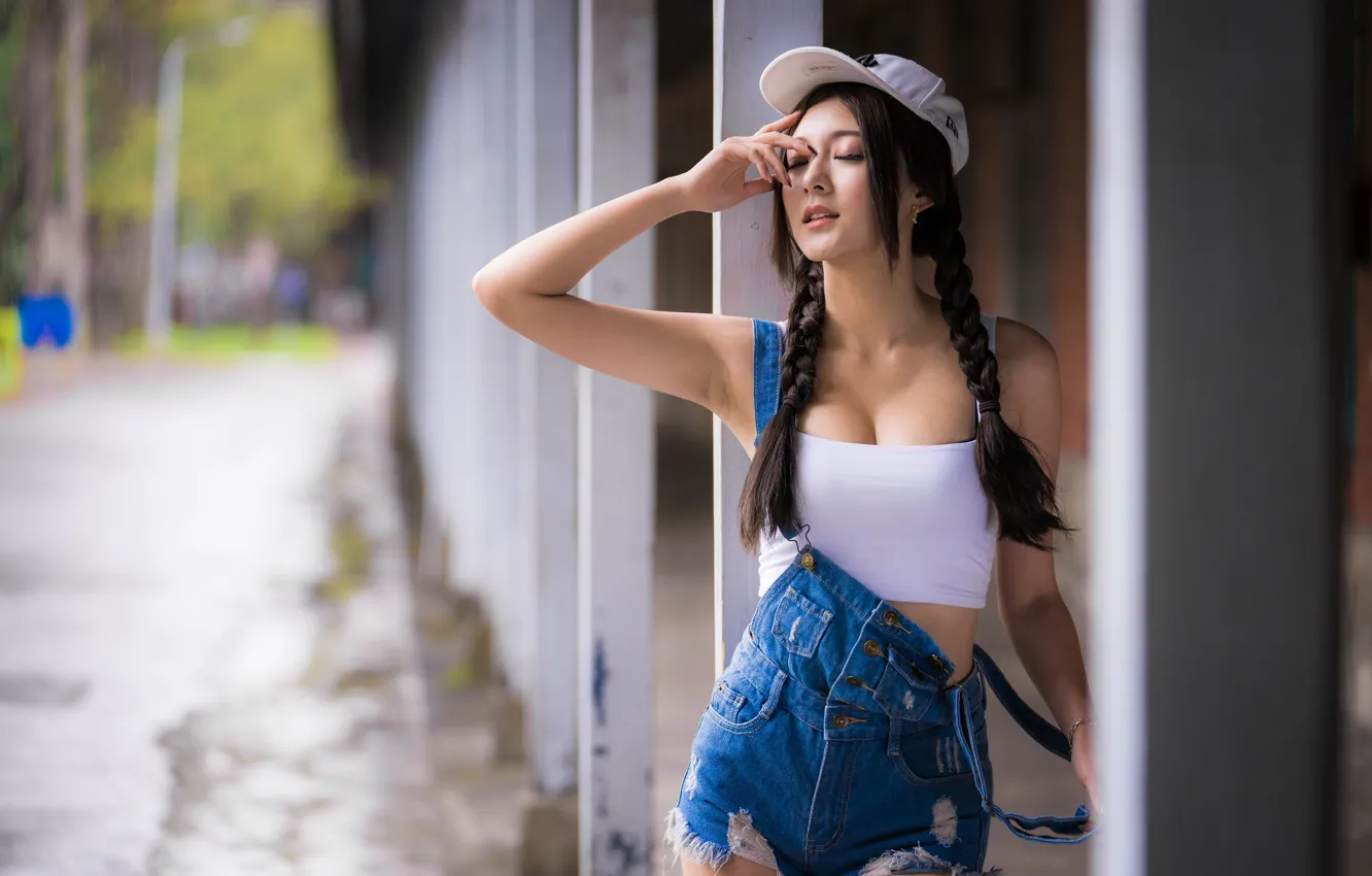 Photo wallpaper sexy, pose, Mike, braid, cap, Asian, bokeh