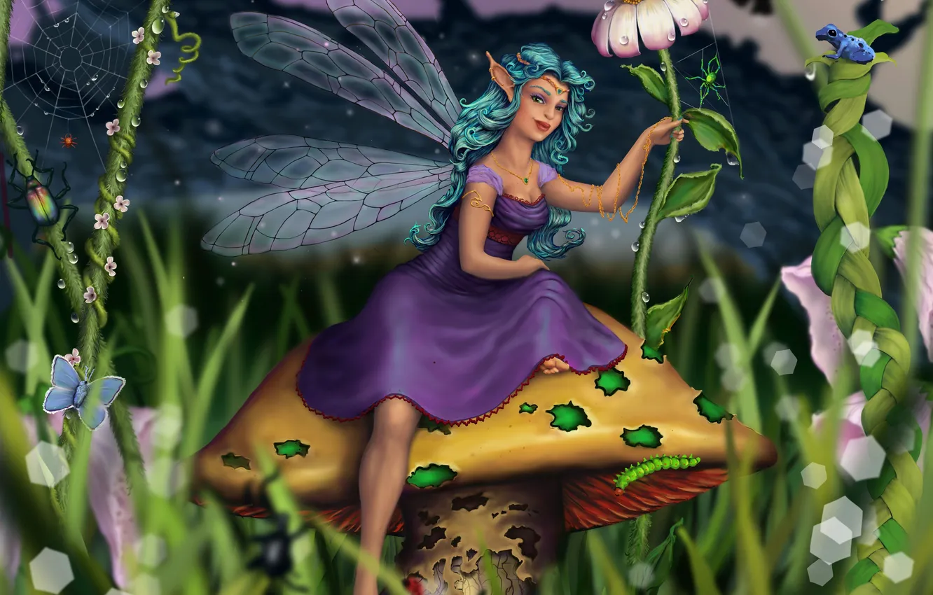 Photo wallpaper girl, flowers, mushrooms, wings, fairy