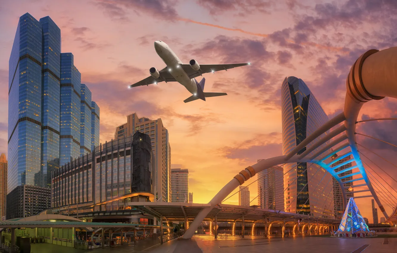 Photo wallpaper sunset, the city, the plane