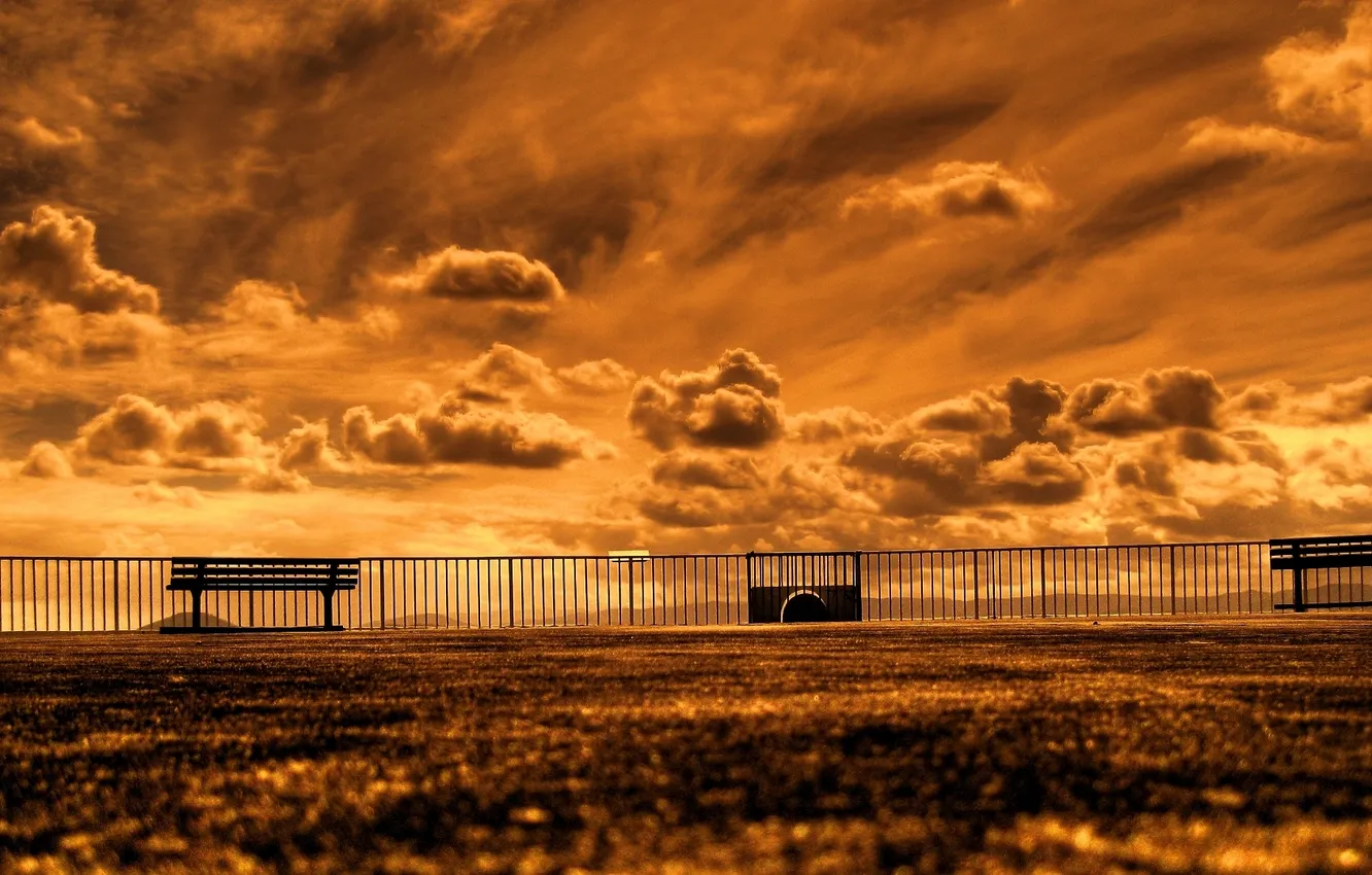 Photo wallpaper the sky, clouds, bench, railings, Playground