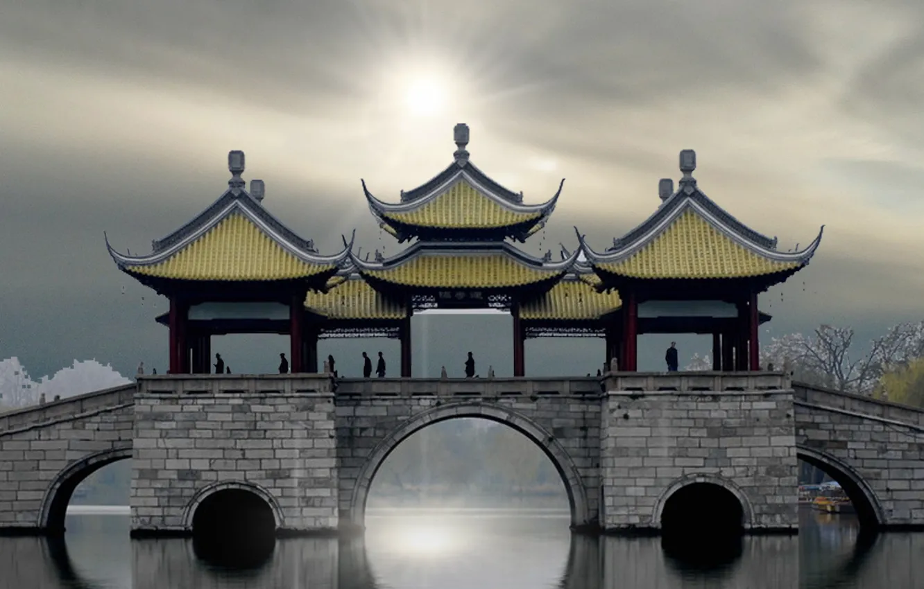 Photo wallpaper China, river, sunset, castle