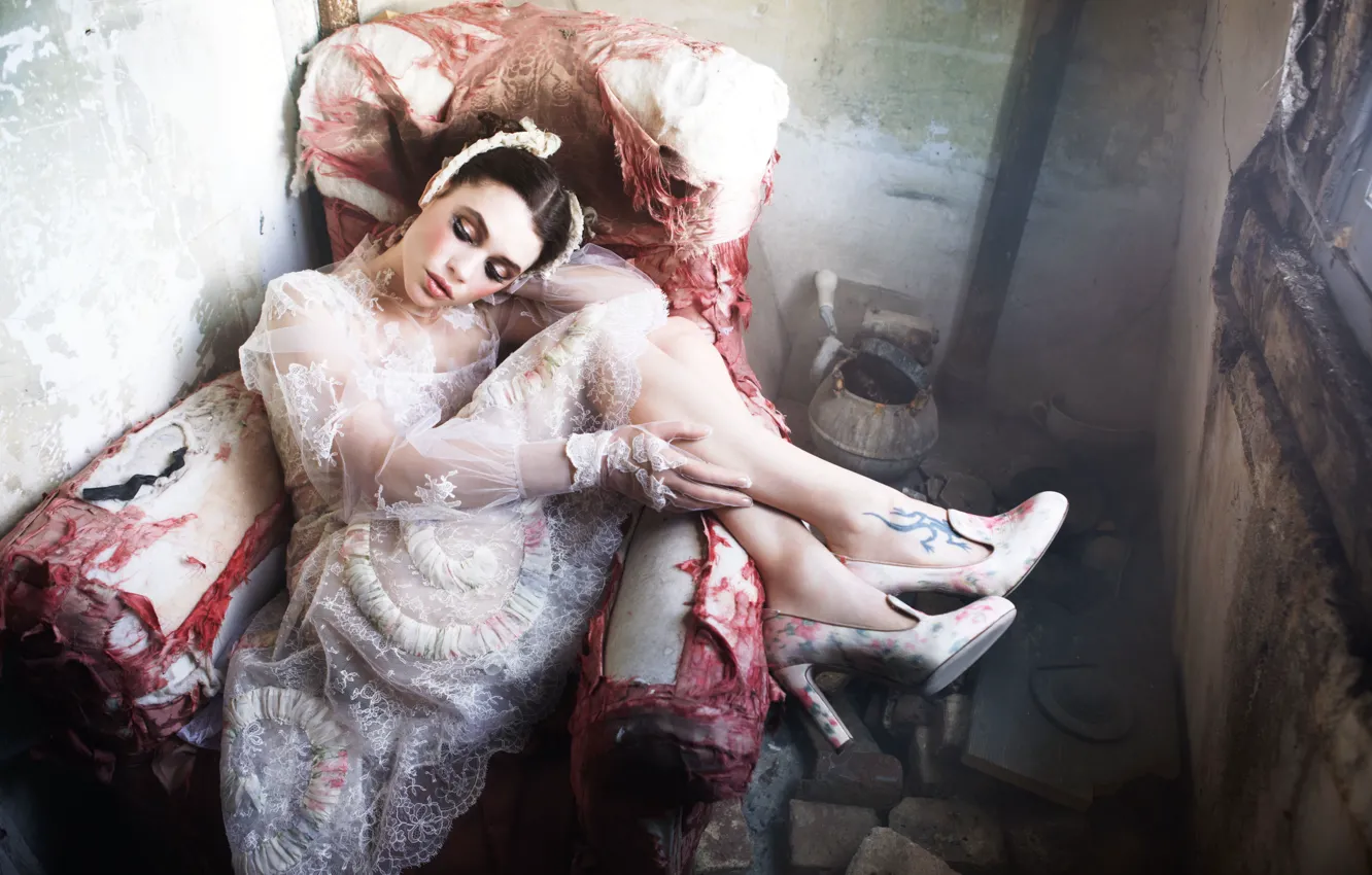 Photo wallpaper girl, loneliness, wall, chair, dress, shoes