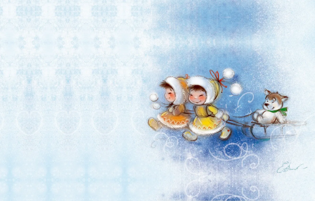 Photo wallpaper winter, children, dog, art, walk, sled, picture, Catherine Attendants