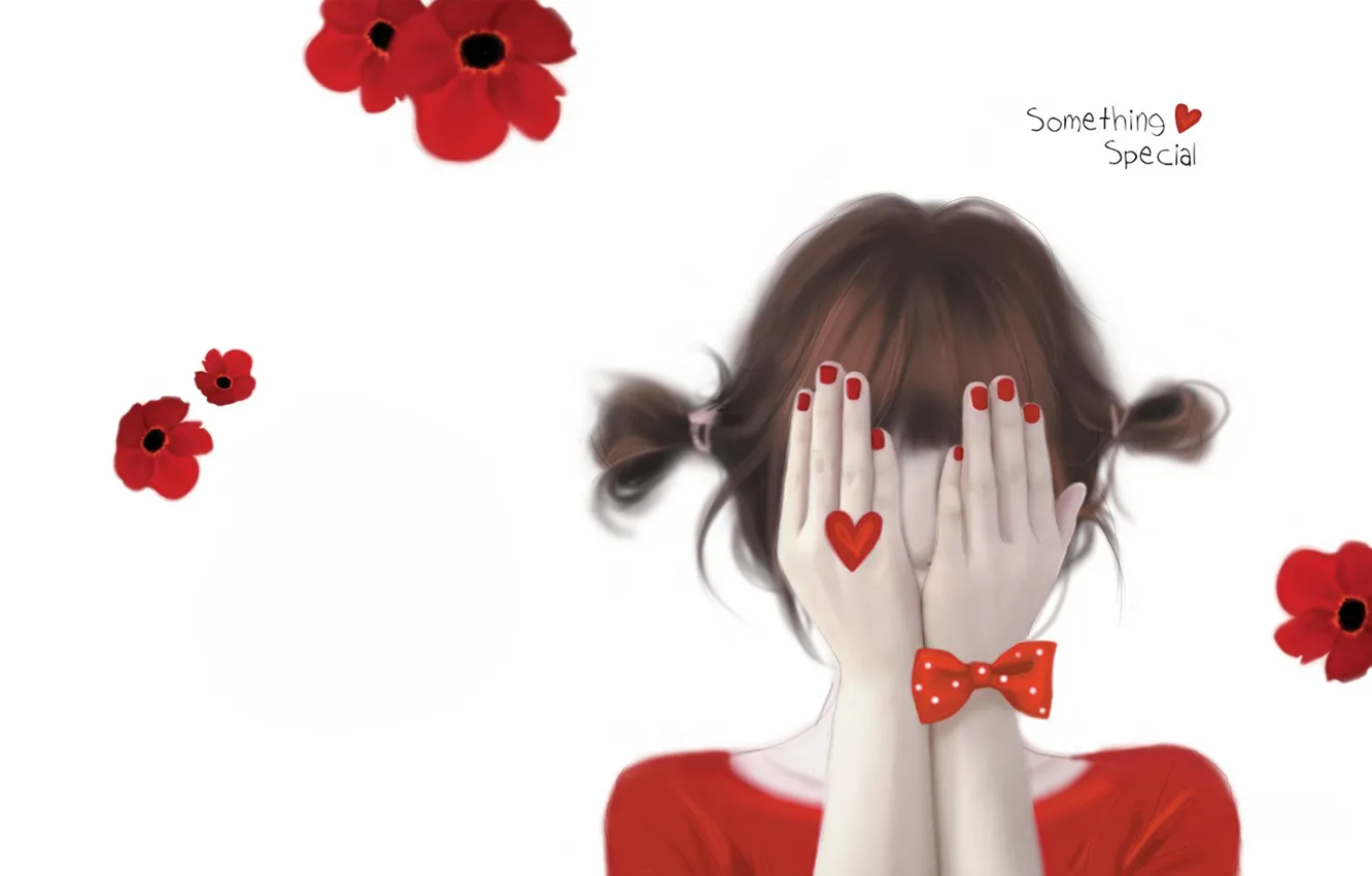 Photo wallpaper girl, flowers, hide and seek, bow, heart, marigolds, Enakei