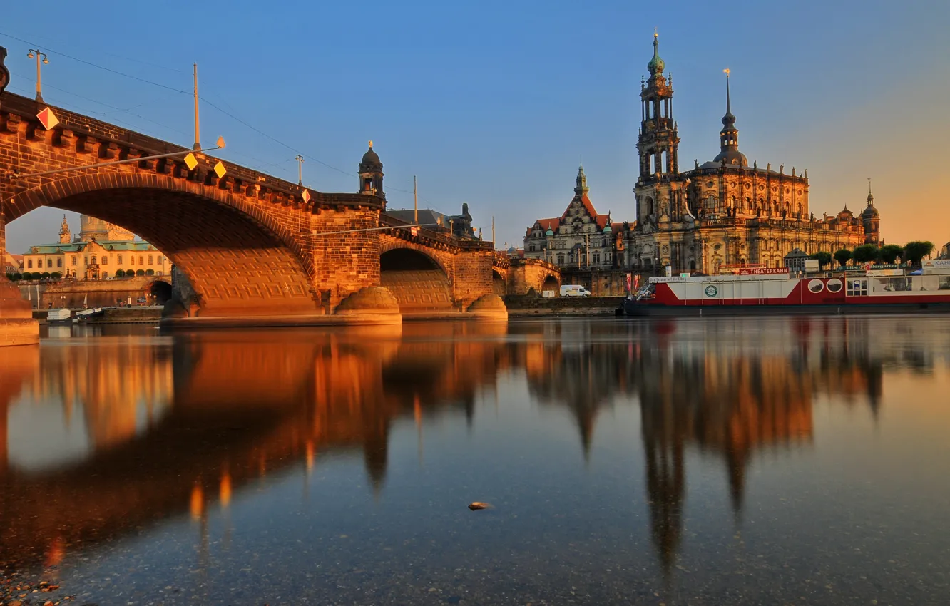 Photo wallpaper sunset, bridge, river, building, Germany, architecture, Dresden