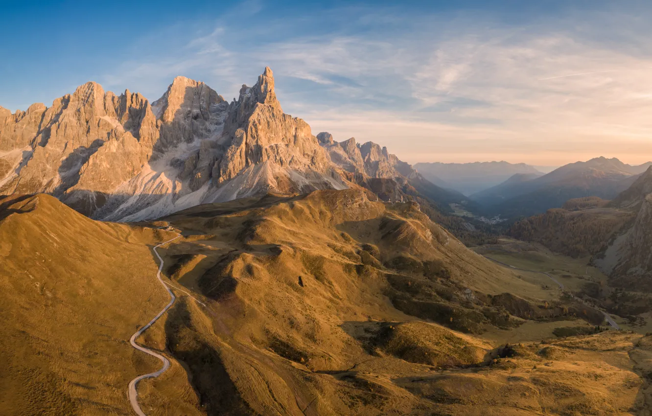 Photo wallpaper light, mountains, the slopes, tops, morning, panorama, The Dolomites