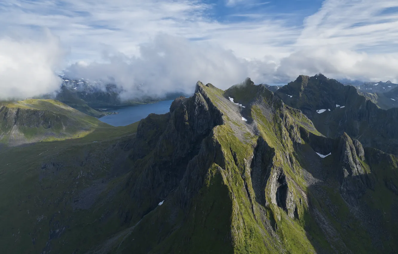 Photo wallpaper clouds, mountains, lake, tops, the