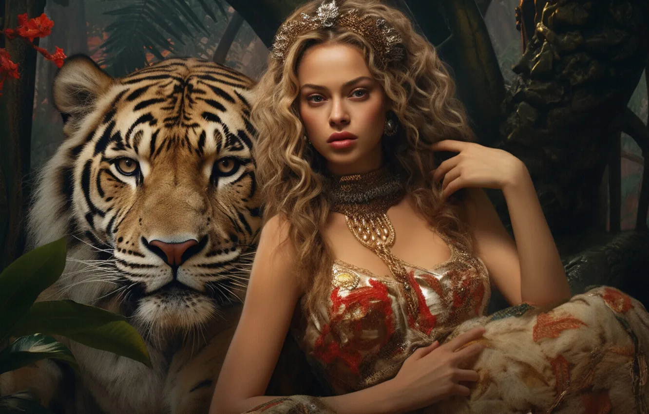 Photo wallpaper look, face, girl, decoration, trees, tiger, pose, hands