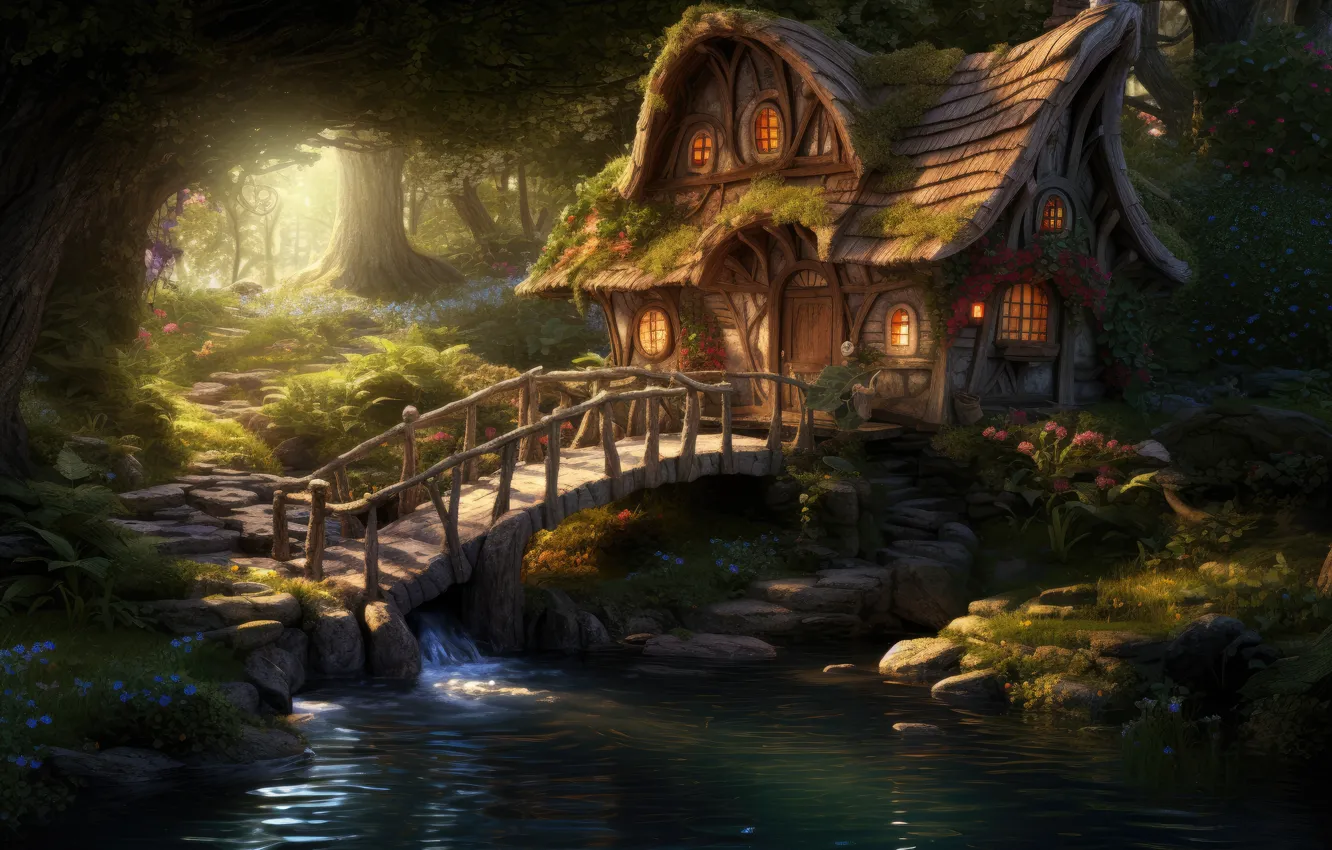 Photo wallpaper roof, forest, light, trees, lake, pond, stones, shore