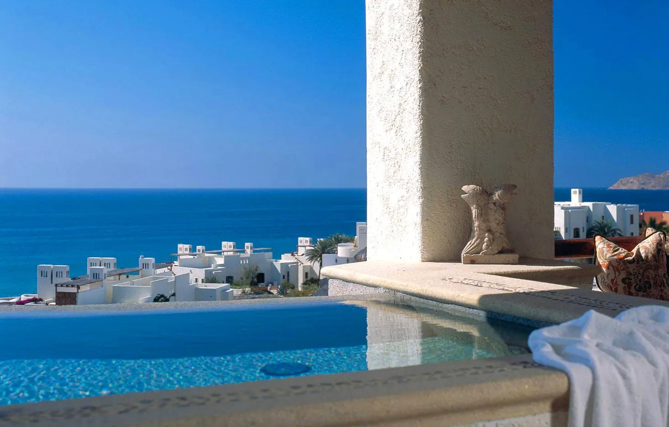 Photo wallpaper Greece, romance, resort, the city, stunning view of the blue sea, sea, lounge area, jacuzzi …
