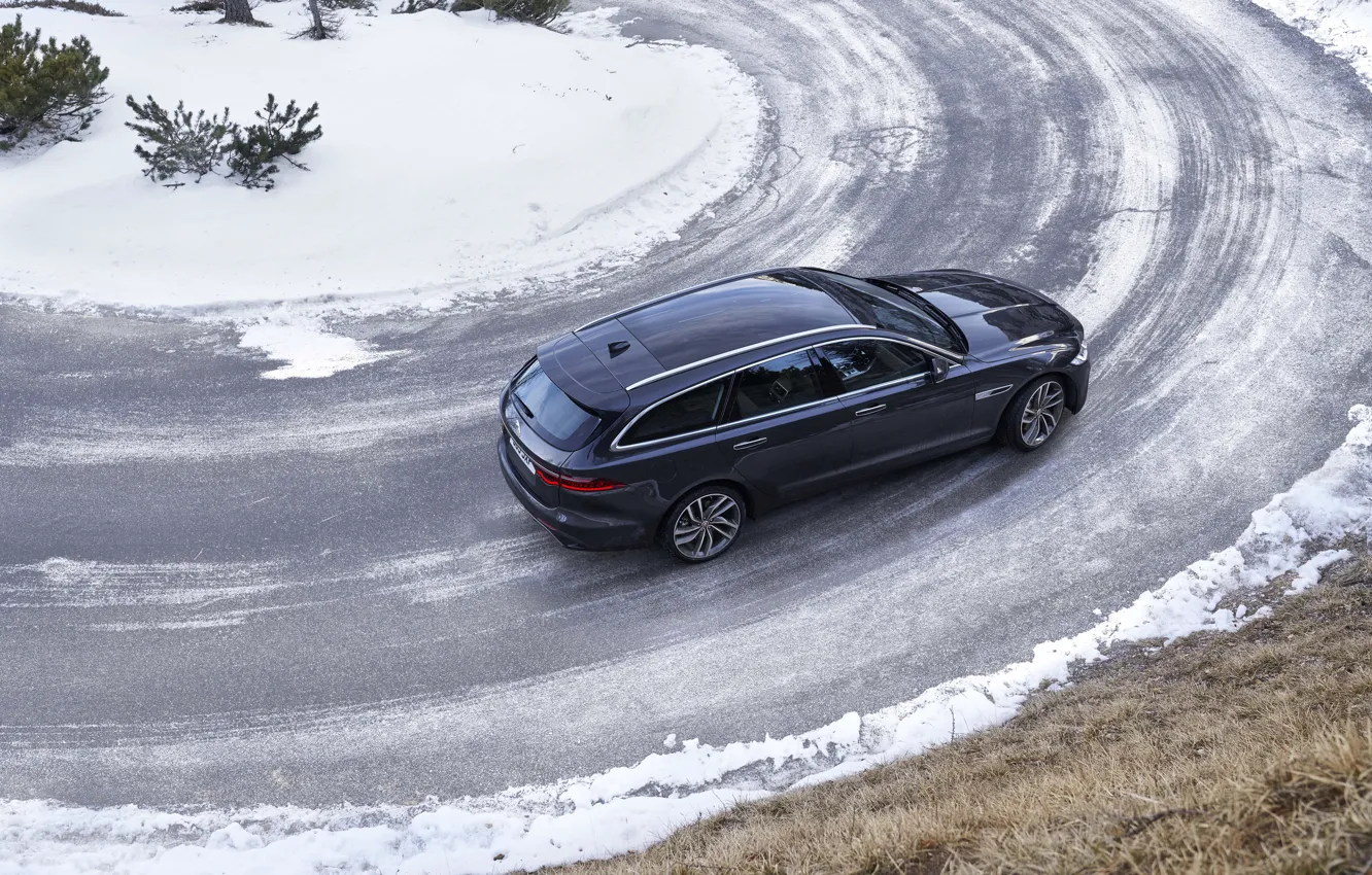 Photo wallpaper road, asphalt, snow, Jaguar, turn, top, universal, Jaguar XF