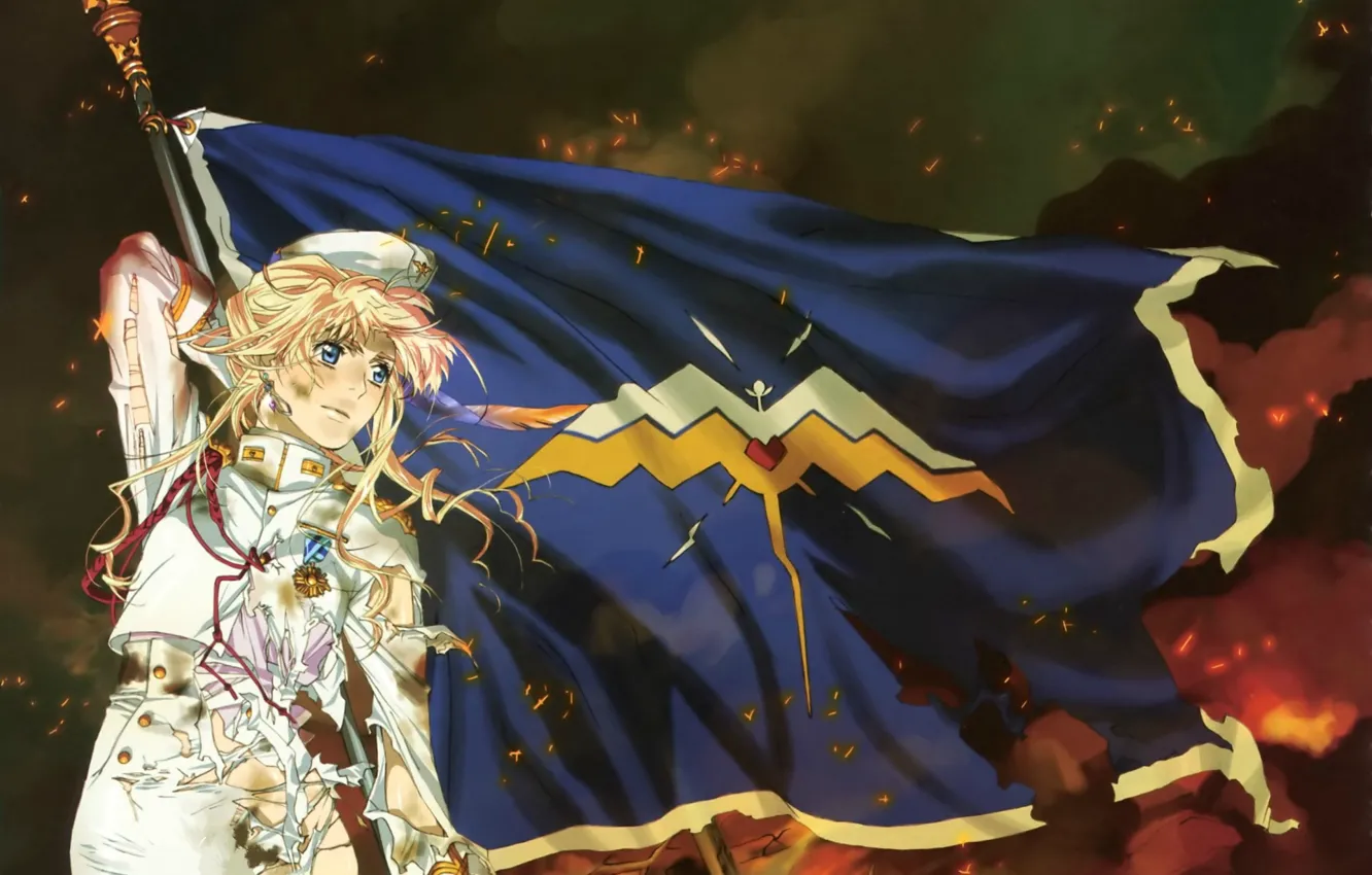 Photo wallpaper smoke, flag, sparks, medal, emblem, pussy, military uniform, torn clothes