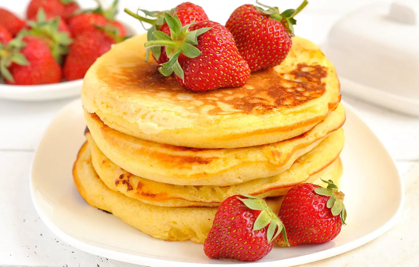 Photo wallpaper strawberry, berry, saucer, pancakes, thick
