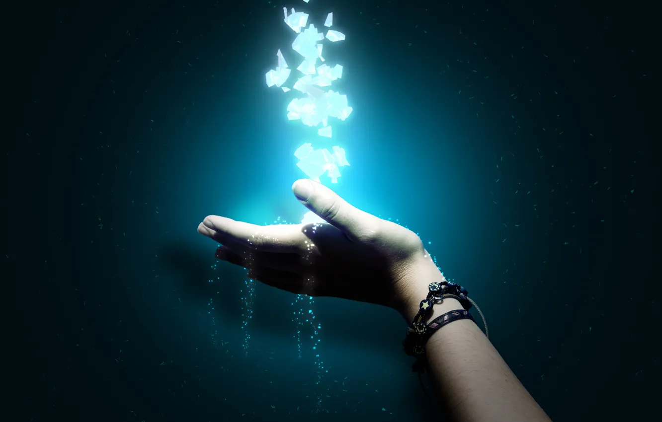 Photo wallpaper light, particles, blue, black, hands, turquoise