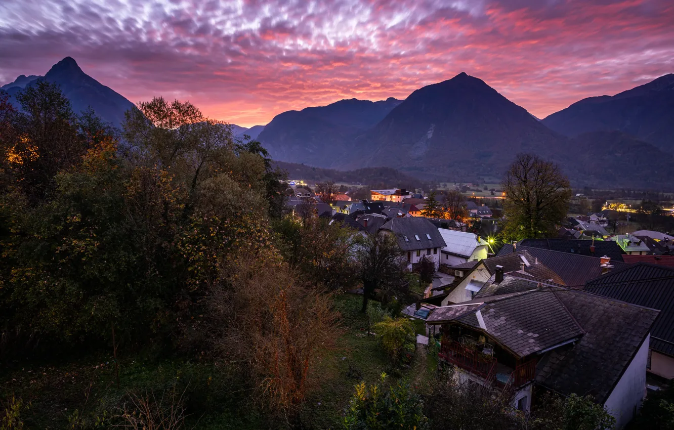 Photo wallpaper landscape, mountains, nature, the city, dawn, home, morning, Slovenia