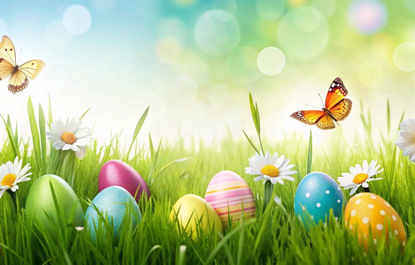 Photo wallpaper flowers, eggs, spring, colorful, Easter, flowers, spring, Easter