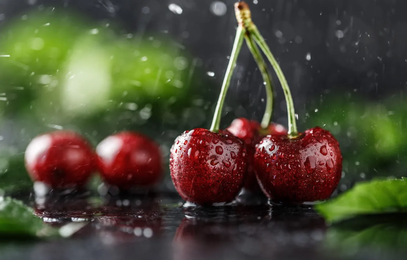 Photo wallpaper drops, cherry, berries, rain, moisture, cherry