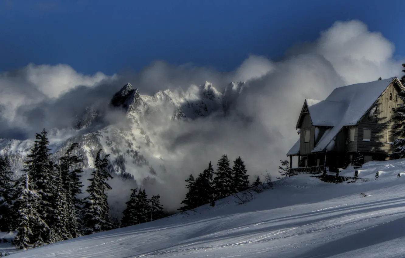 Photo wallpaper winter, nature, fog, house, photo, mountains snow