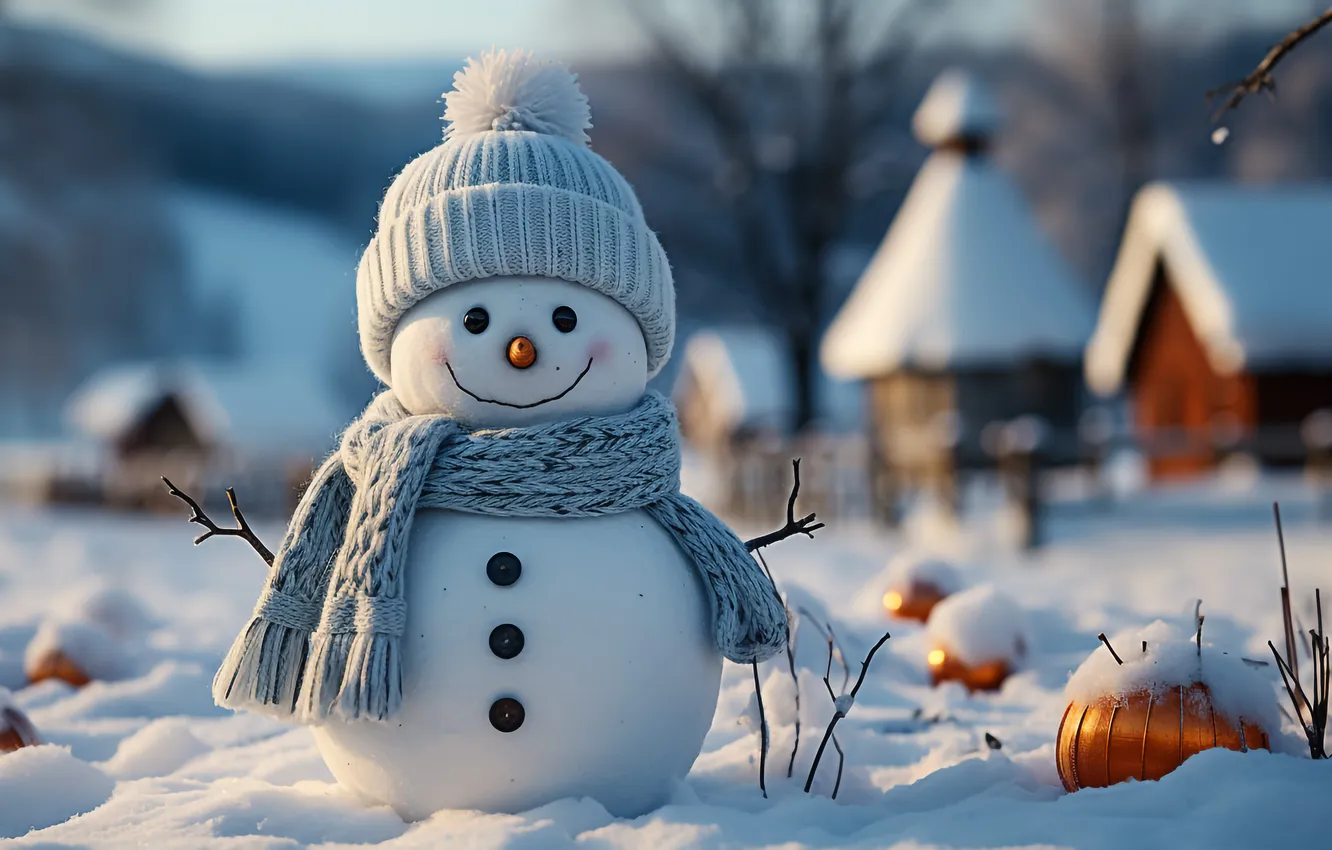 Photo wallpaper winter, snow, new year, Christmas, snowman, Christmas, winter, snow