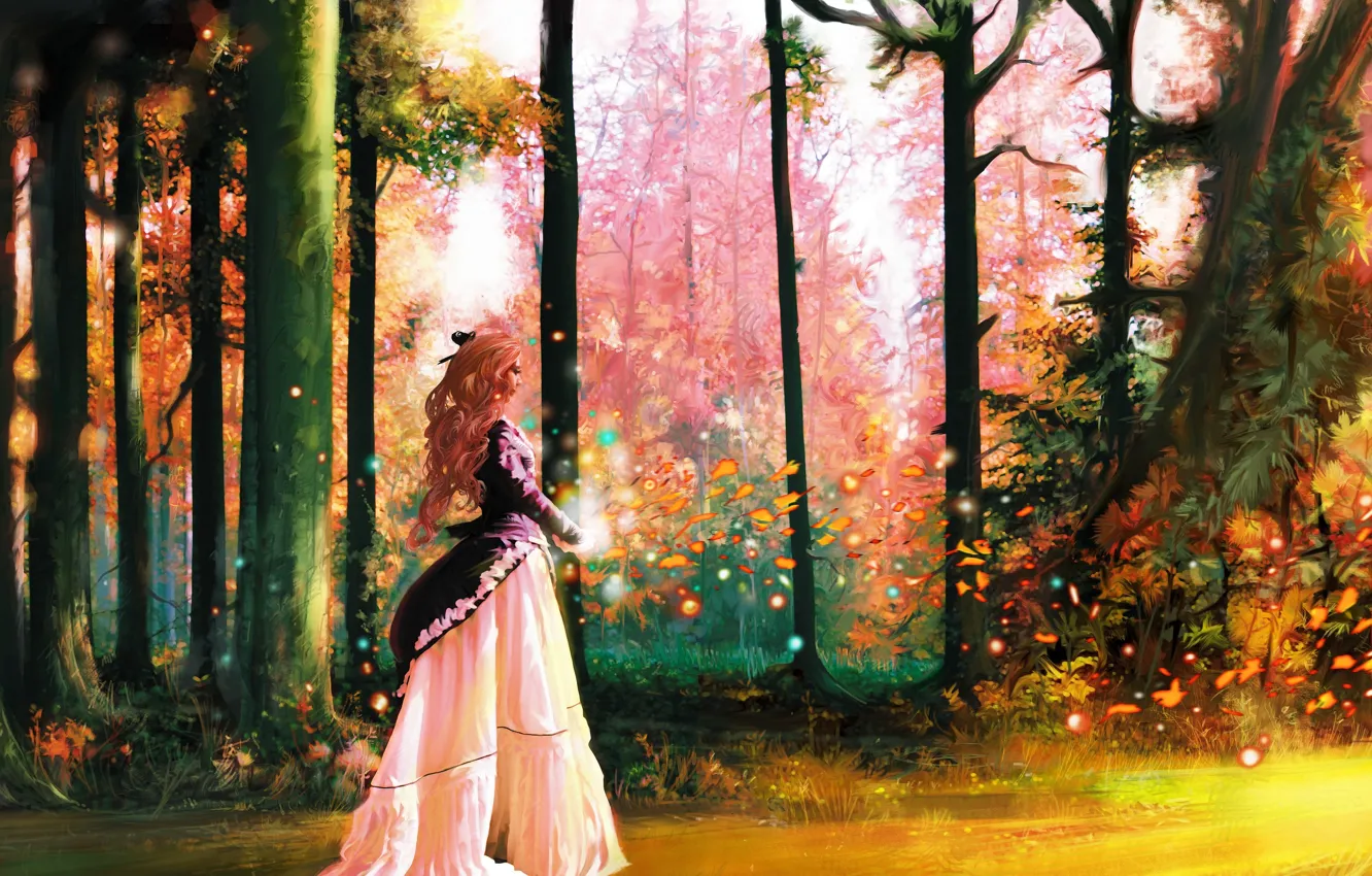 Photo wallpaper forest, leaves, girl, trees, magic, dress, art