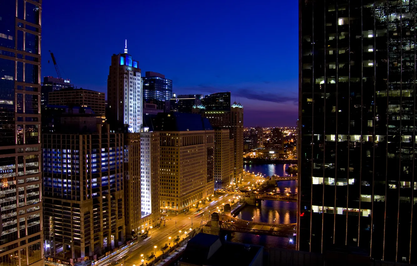 Photo wallpaper night, lights, skyscrapers, Chicago, Chicago