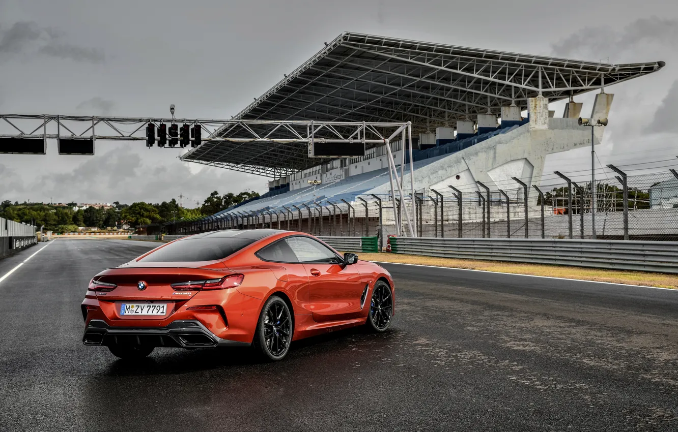 Photo wallpaper coupe, track, BMW, Coupe, tribune, 2018, 8-Series, dark orange