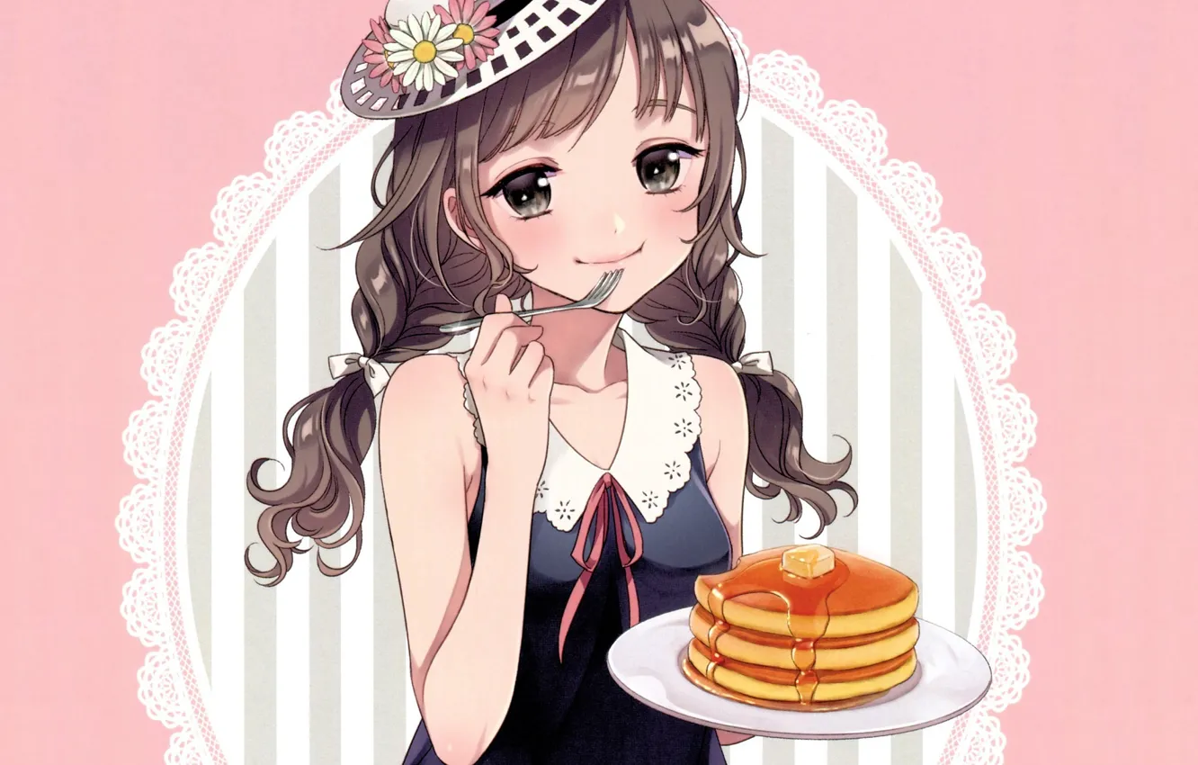 Photo wallpaper girl, hat, plug, honey, pink background, cake, yummy, sweet tooth