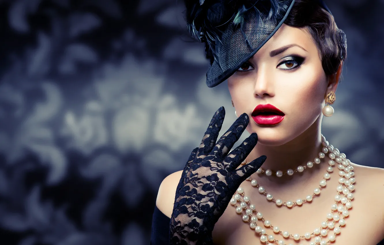 Photo wallpaper girl, decoration, retro, hands, makeup, hairstyle, pearl, gloves