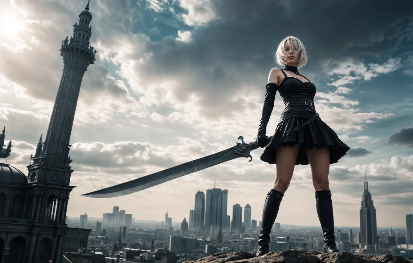 Photo wallpaper girl, the city, sword, YoRHa No.2 Type B, the image is generated by AI