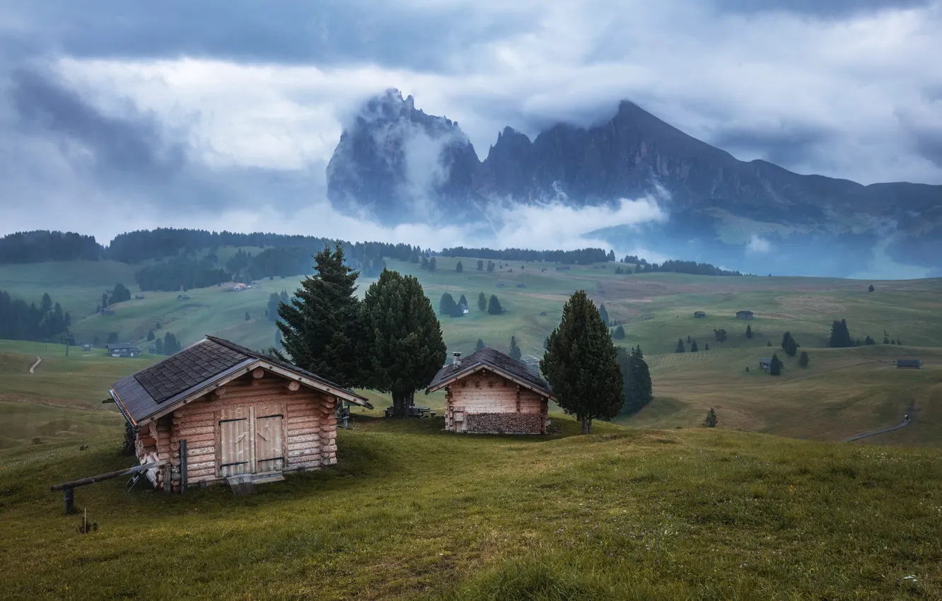 Photo wallpaper field, mountains, fog, house, Alras