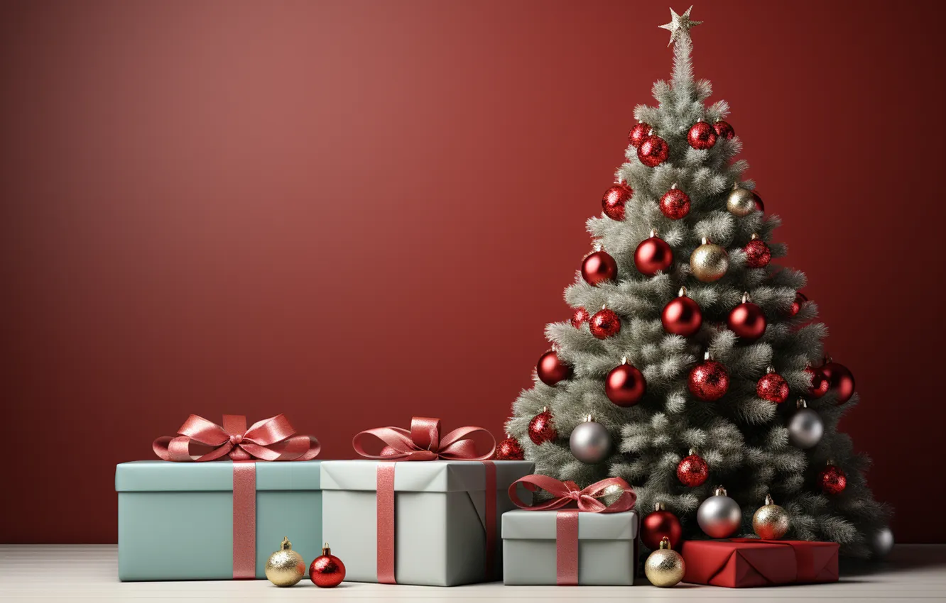 Photo wallpaper gift, tree, new year, Christmas, Christmas, tree, decoration, Gift Boxes