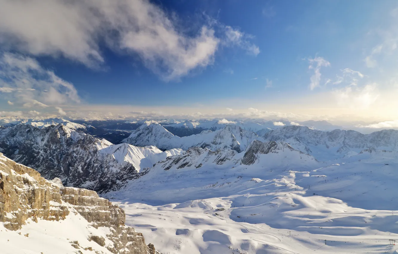 Photo wallpaper winter, the sky, the sun, clouds, snow, mountains, rocks, Germany