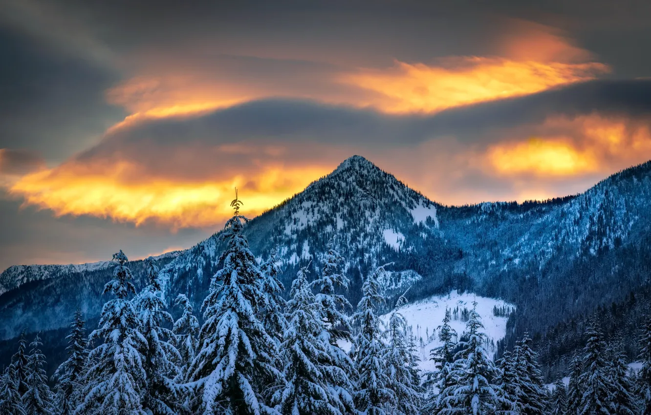 Photo wallpaper winter, sunset, mountains