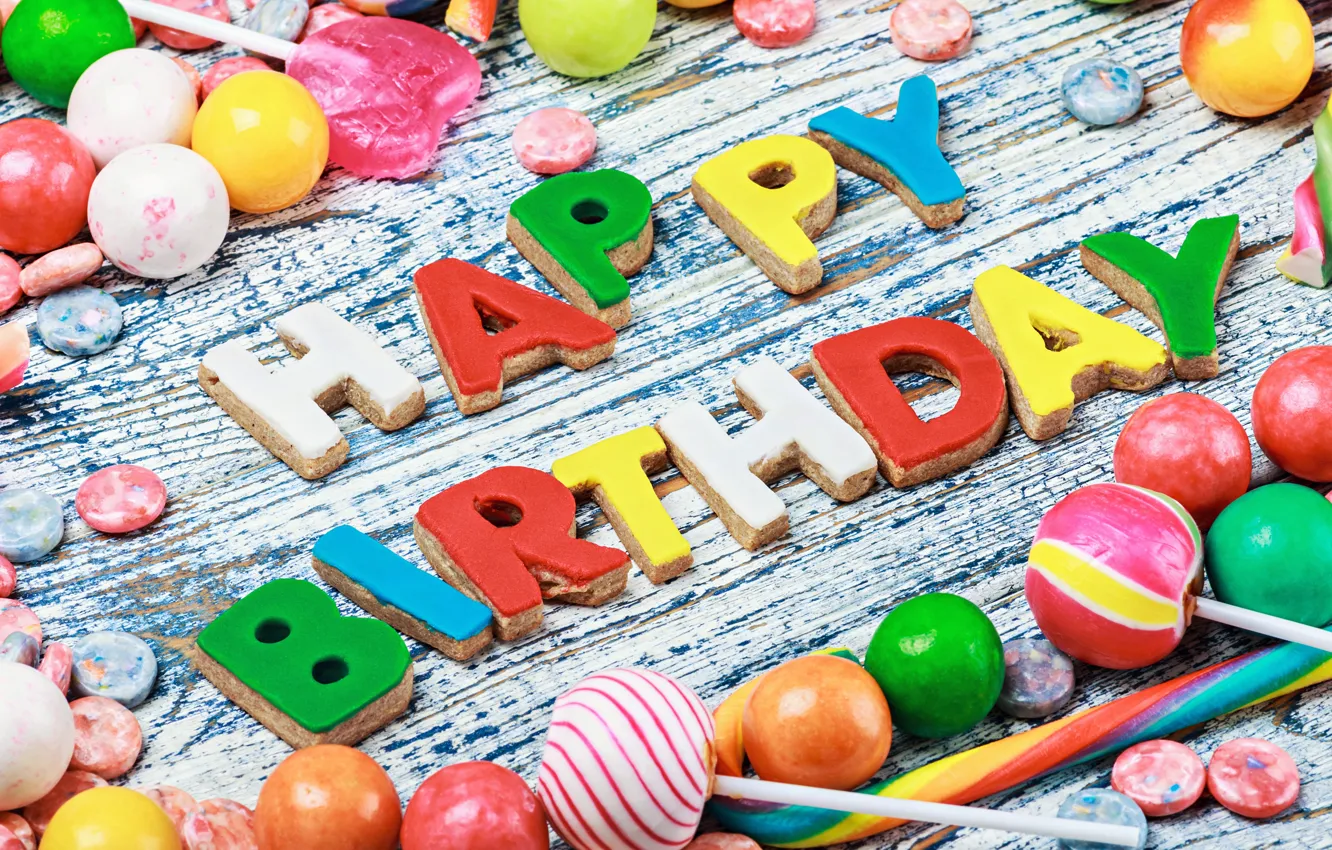 Photo wallpaper colorful, cookies, candy, sweets, Happy Birthday, colours, celebration, cookies