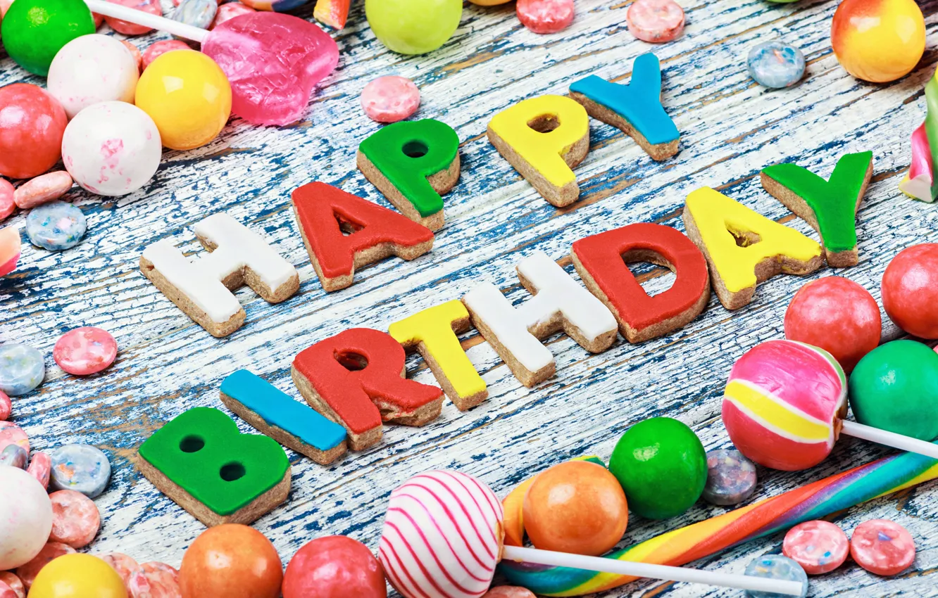 Photo wallpaper birthday, colorful, cookies, candy, sweets, Happy Birthday, colours, celebration