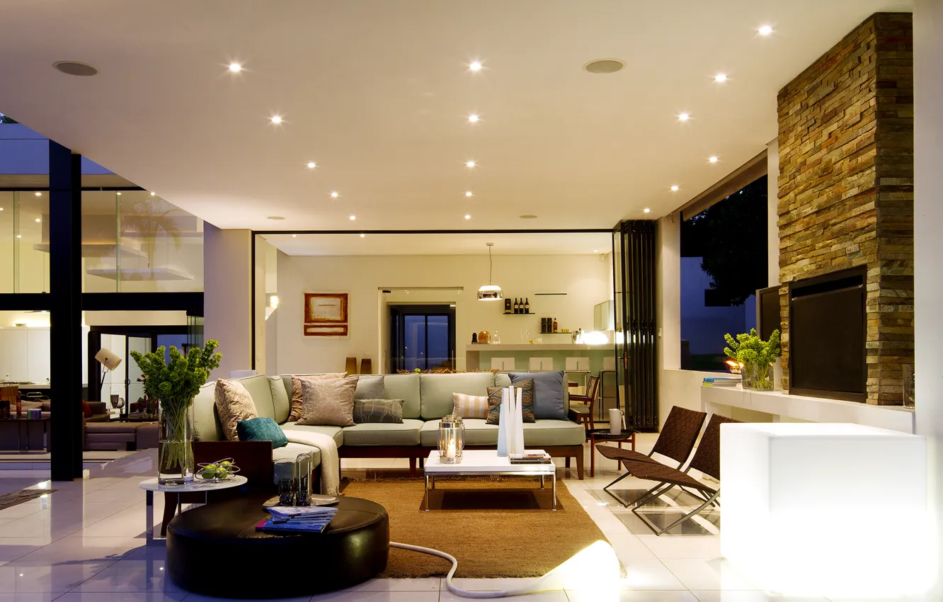 Photo wallpaper flowers, sofa, furniture, interior, lighting, table