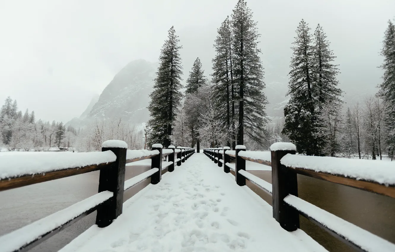 Photo wallpaper winter, water, snow, mountains, bridge, bridge, water, winter