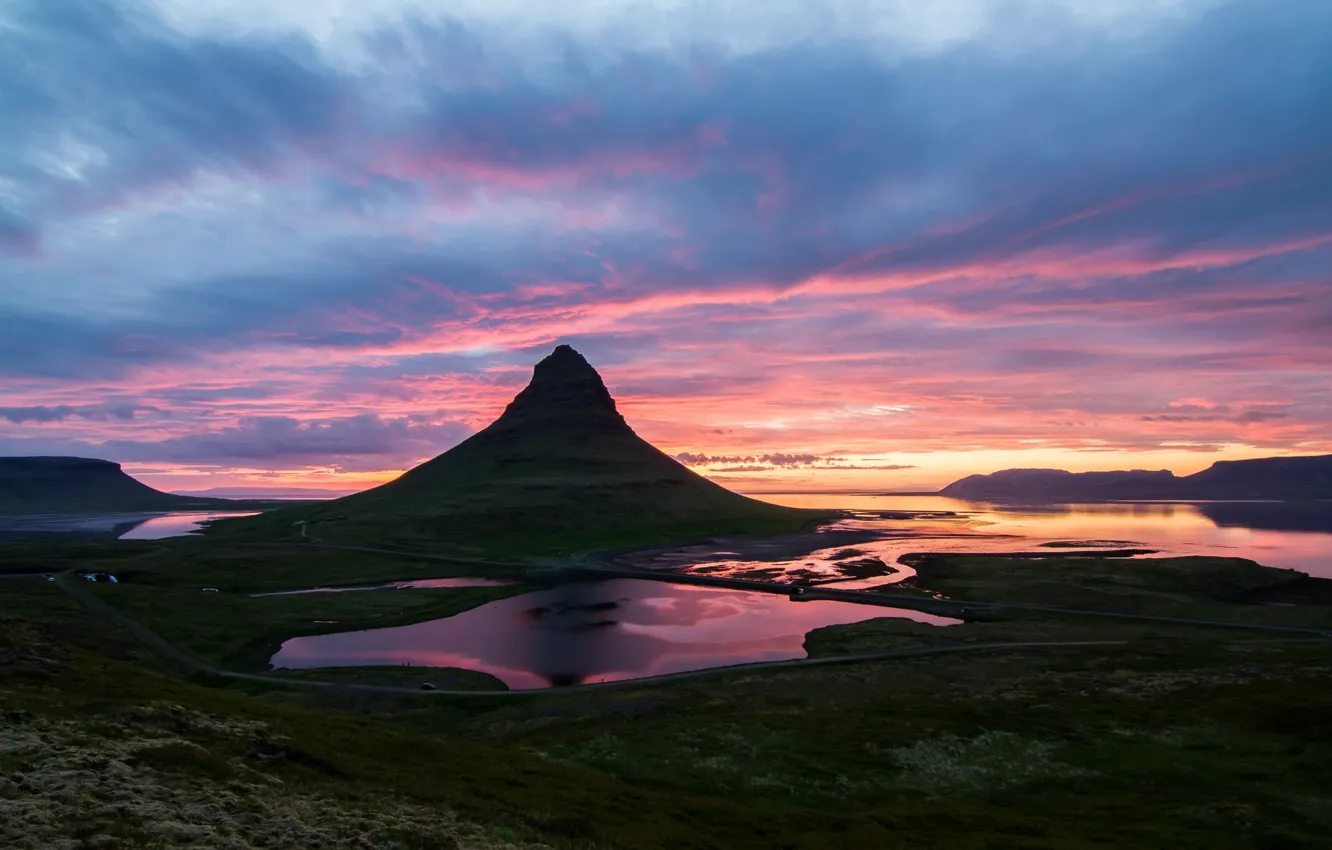 Photo wallpaper mountains, morning, valley, Iceland, Kirkjufell