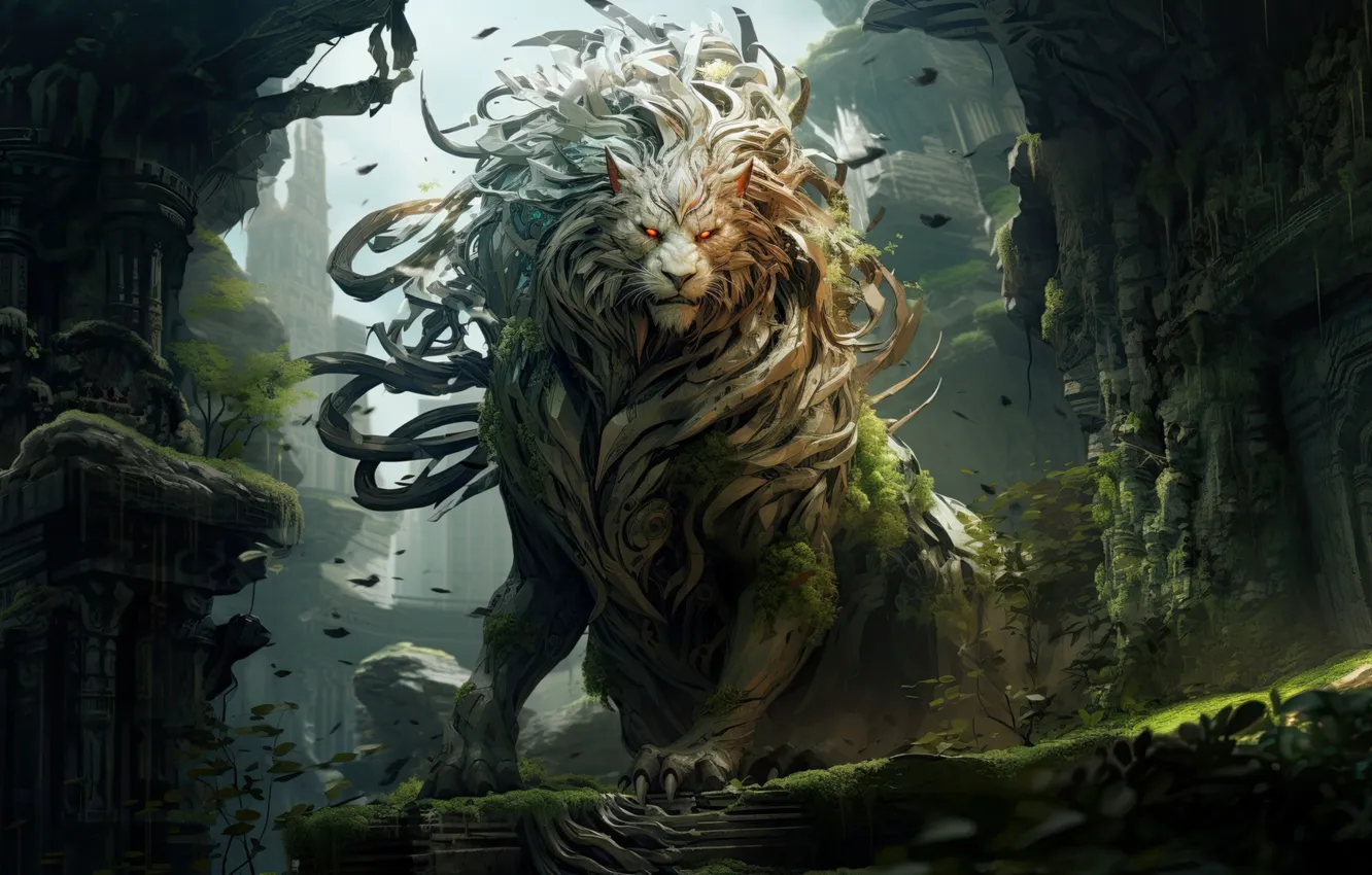 Photo wallpaper Leo, mystic, mane, the ruins, ruins, digital art, digital art, artificial intelligence