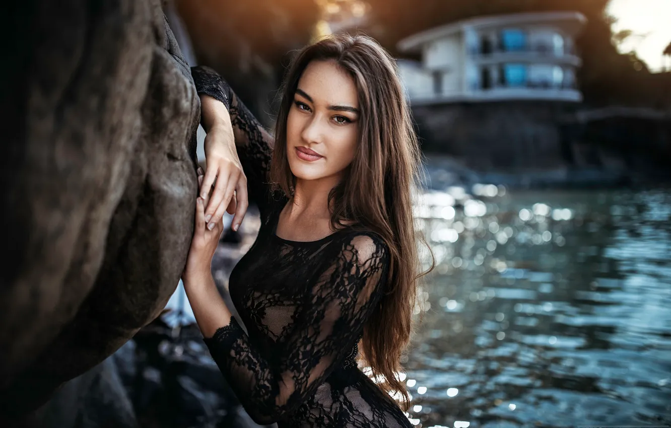 Photo wallpaper look, water, glare, stones, shore, model, portrait, makeup