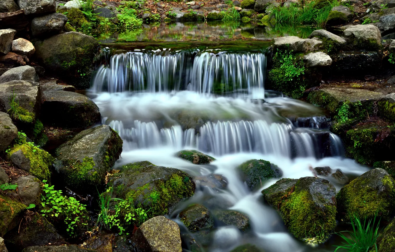 Photo wallpaper Water, Nature, Waterfall, River, Stones, Stream, Moss, Thresholds