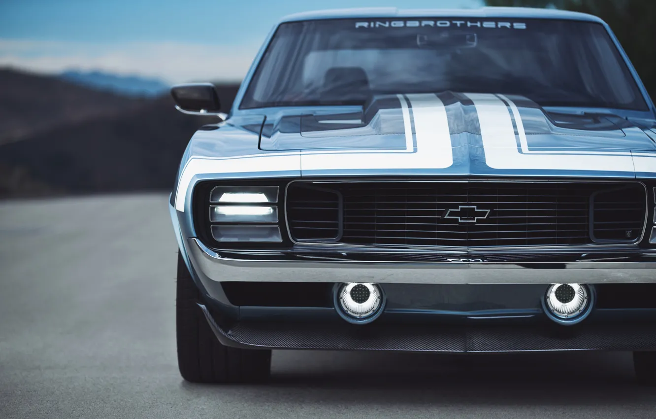 Photo wallpaper Chevrolet, 1969, Camaro, Blue, Front, Face, G-Code, Ringbrothers