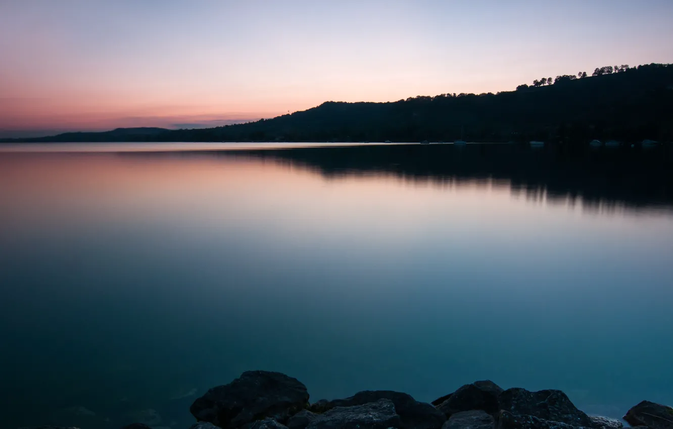 Photo wallpaper the sky, water, trees, sunset, lake, surface, stones, shore